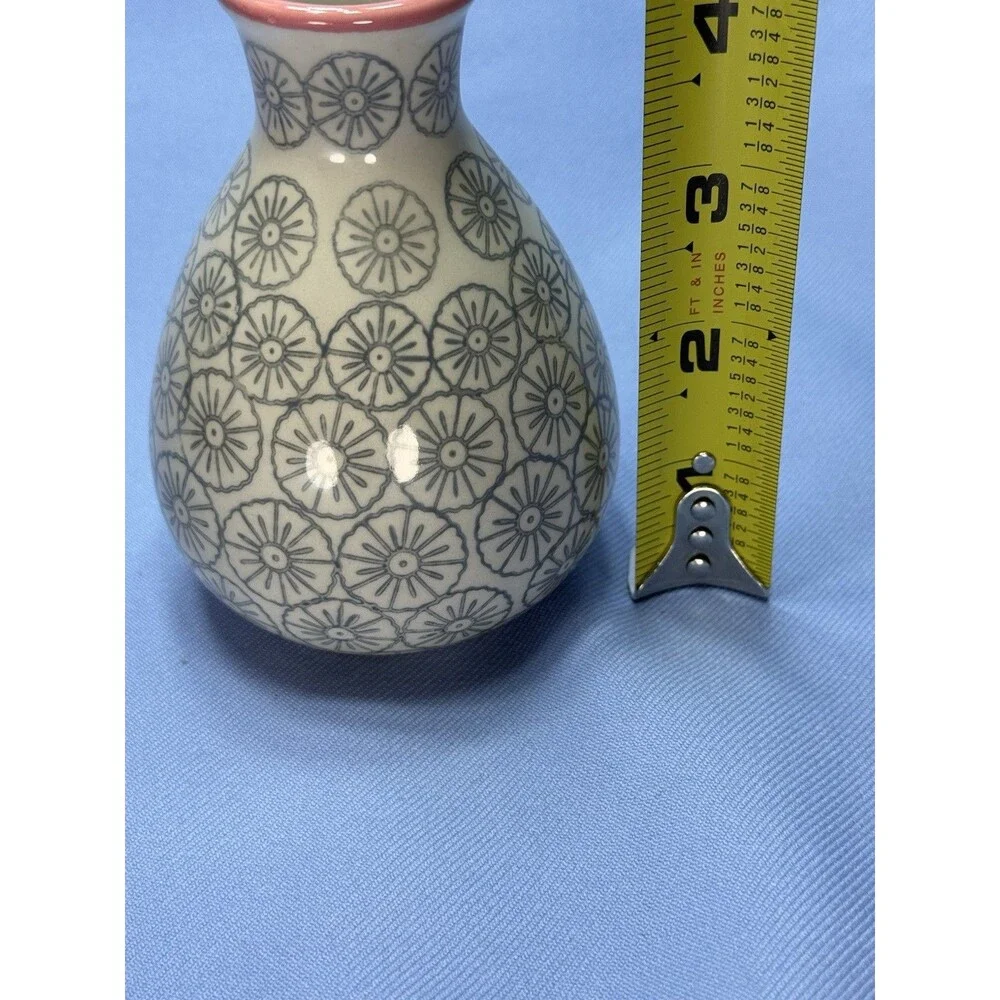 Bloomingville Mini Ceramic Vase 5” x 3”. Off White Bud vase W/Blue Flowers